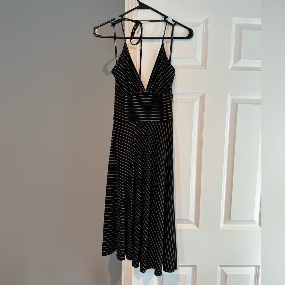 Black Pinstripe Halter A-line Dress